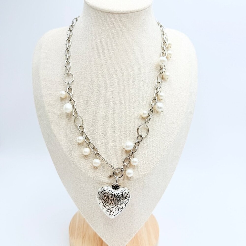 Vintage Silver Chain Necklace with White Pearls and Heart Locket